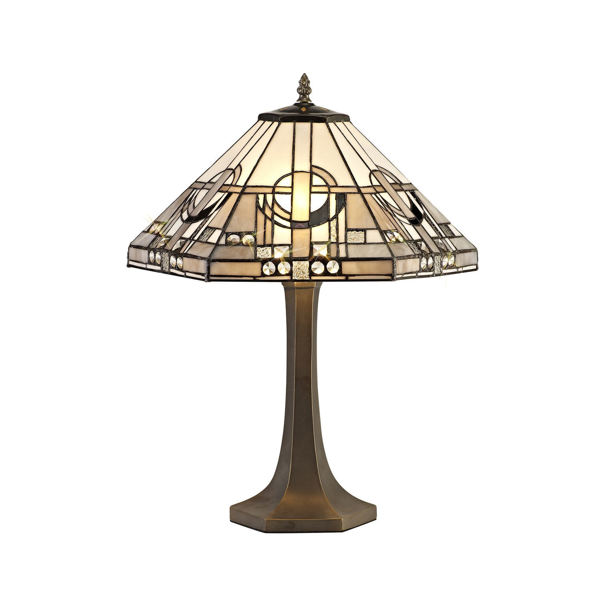 Antique Brass Tiffany Table Lamp with Dual Light Octagonal Shade and Clear K9 Crystal Accents
