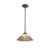 Elegant Antique Brass Pendant with Tiffany Shade and Crystal Accents