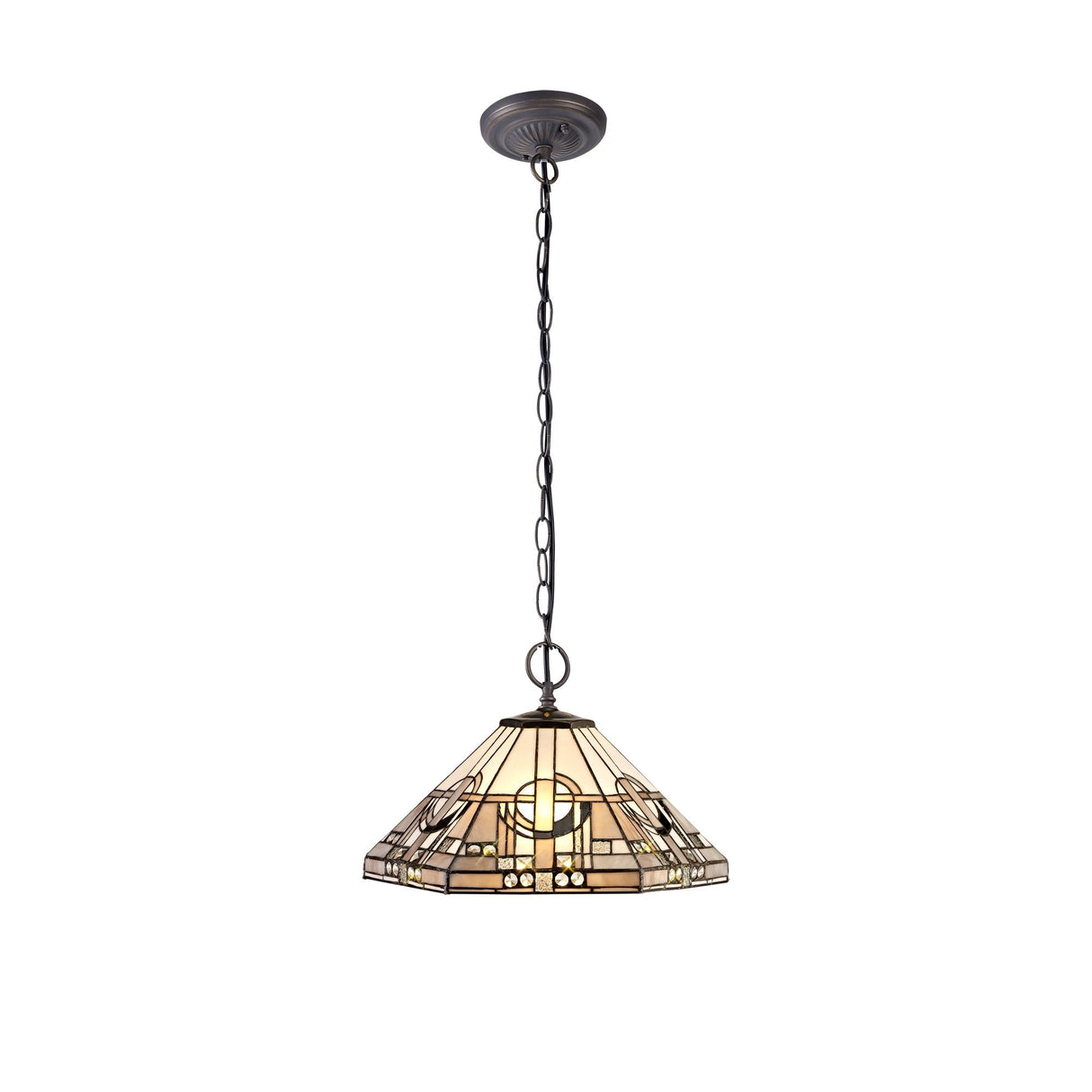 Elegant 2-Light Pendant with 40cm Tiffany Shade in Grey/White and Antique Brass