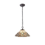 Elegant 2-Light Pendant with 40cm Tiffany Shade in Grey/White and Antique Brass