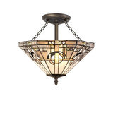 3-Light Semi-Flush Mount with Tiffany Glass Shade, Antique Brass Finish, 40cm Diameter