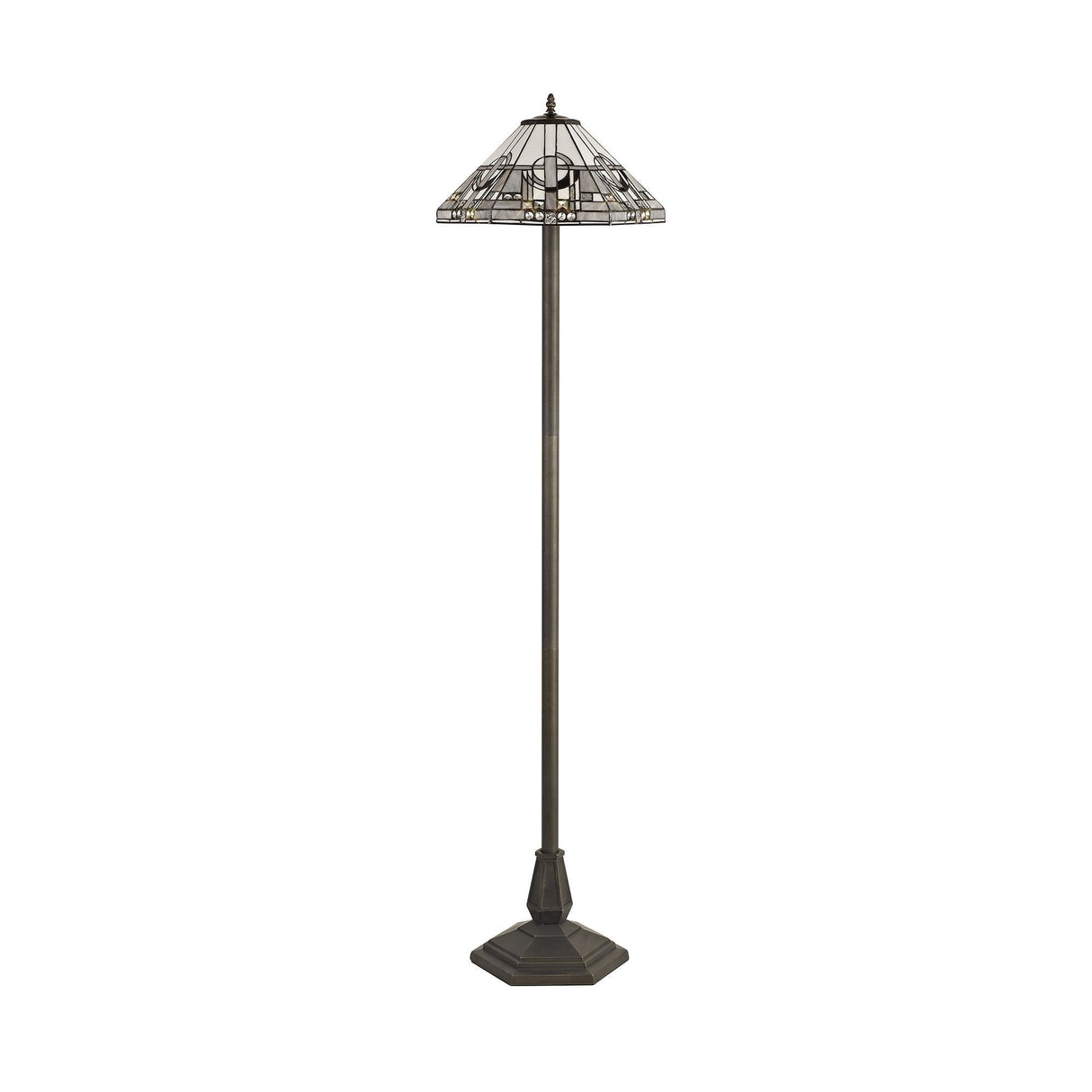 Elegant Octagonal Floor Lamp with 40cm Tiffany Shade in White/Grey with Antique Brass Finish