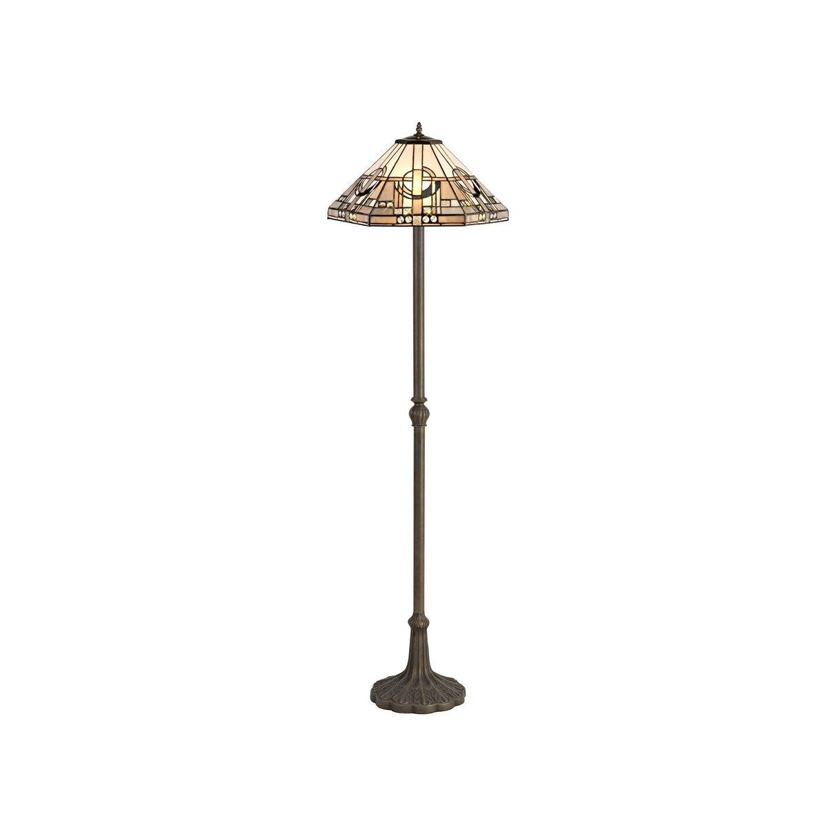 Elegant Floor Lamp with Leaf Motif and Tiffany Shade in Antique Brass and Crystal Detailing