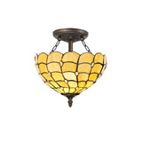 Elegant Dual Light Ceiling Fixture with 30cm Tiffany Shade in Beige and Clear Crystal with Antique Brass Finish
