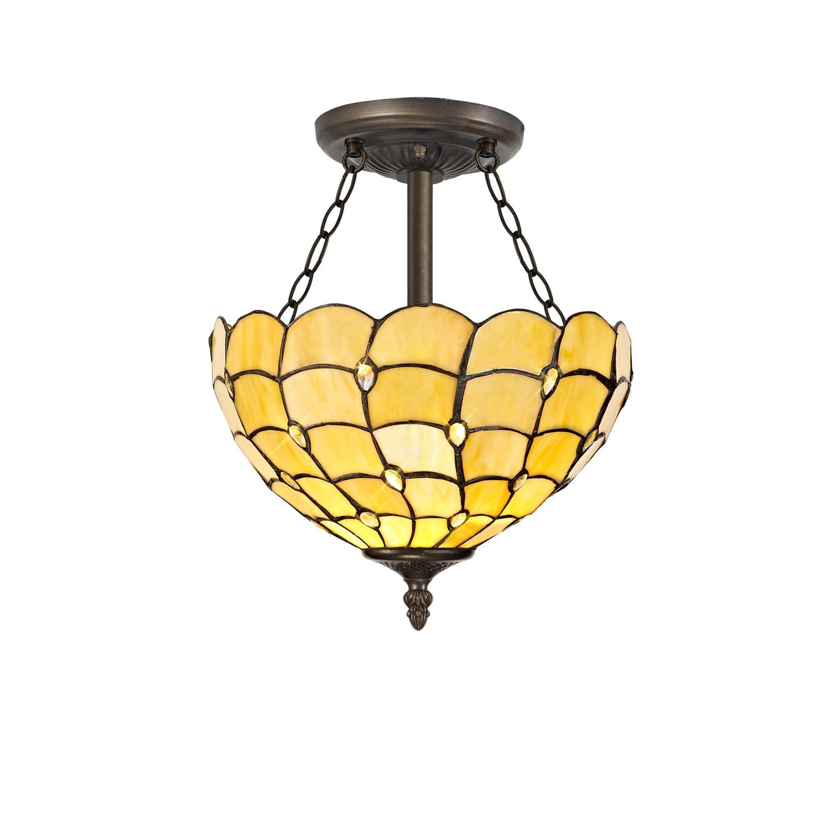 Elegant 3-Light Antique Brass Ceiling Fixture with Tiffany Shade and Clear Crystal Accents