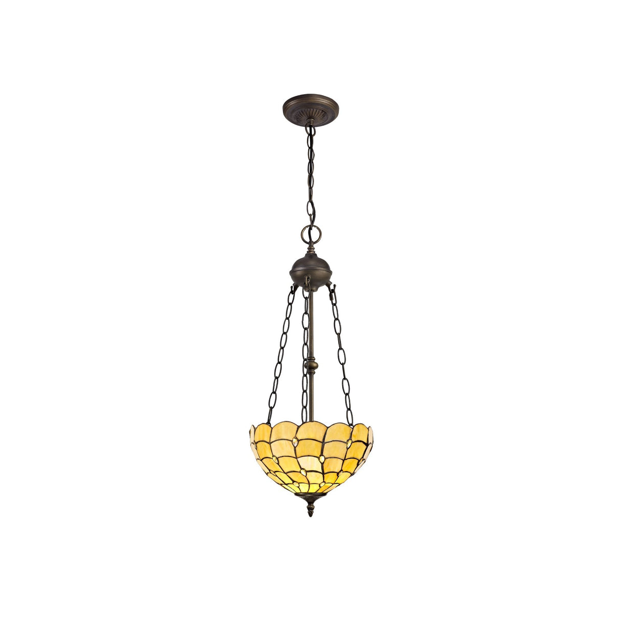 Antique Brass Uplight Pendant with Tiffany Style Crystal Shade - E27, Adjustable Drop