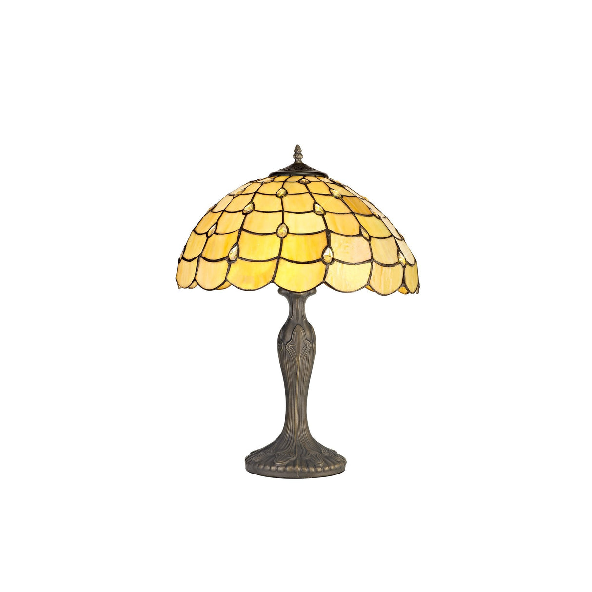 Elegant Double Light Curved Table Lamp with 40cm Tiffany Inspired Shade, Beige and Antique Brass Finish