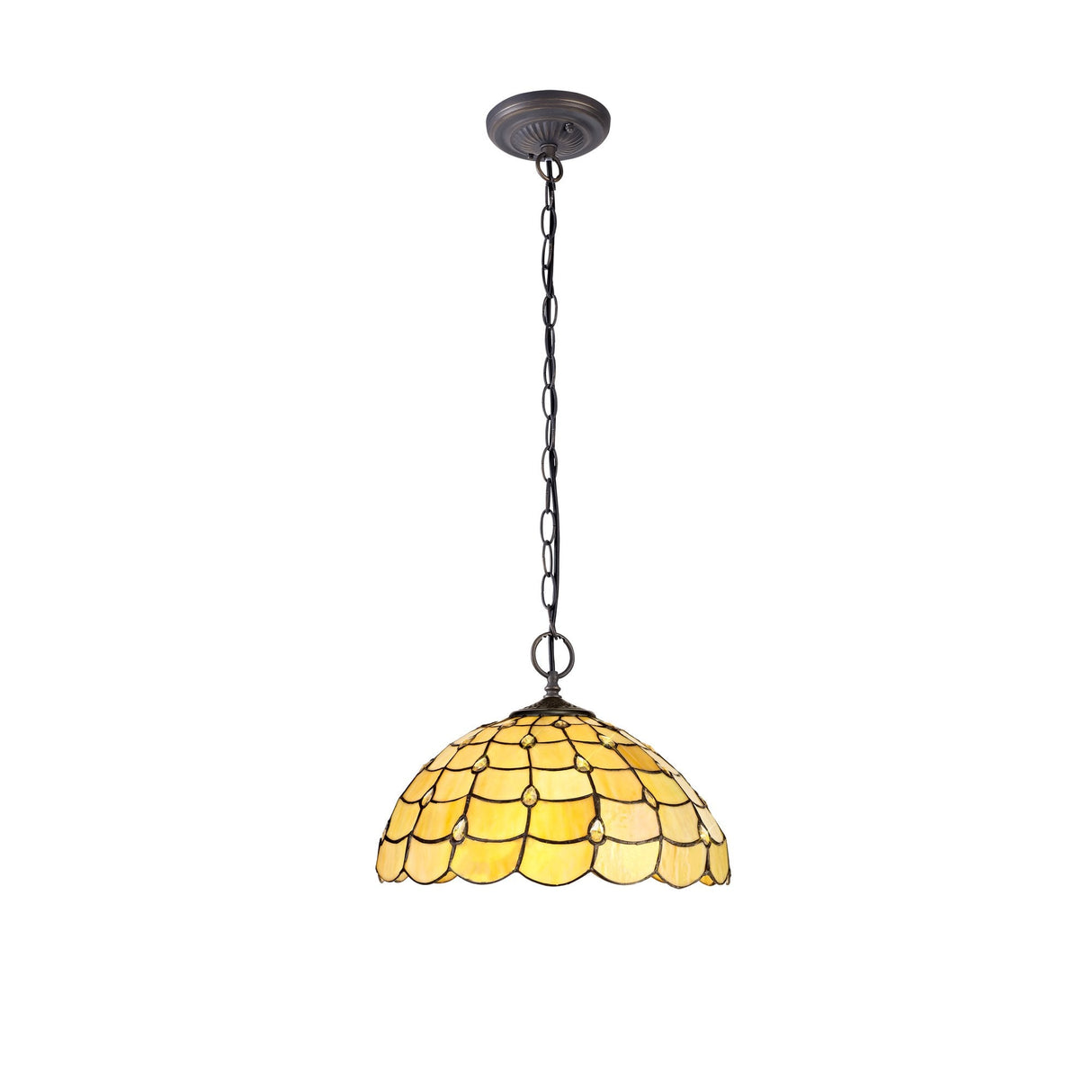 Vintage Elegance: Dual Light Pendant with 40cm Tiffany Shade in Antique Brass and Crystal