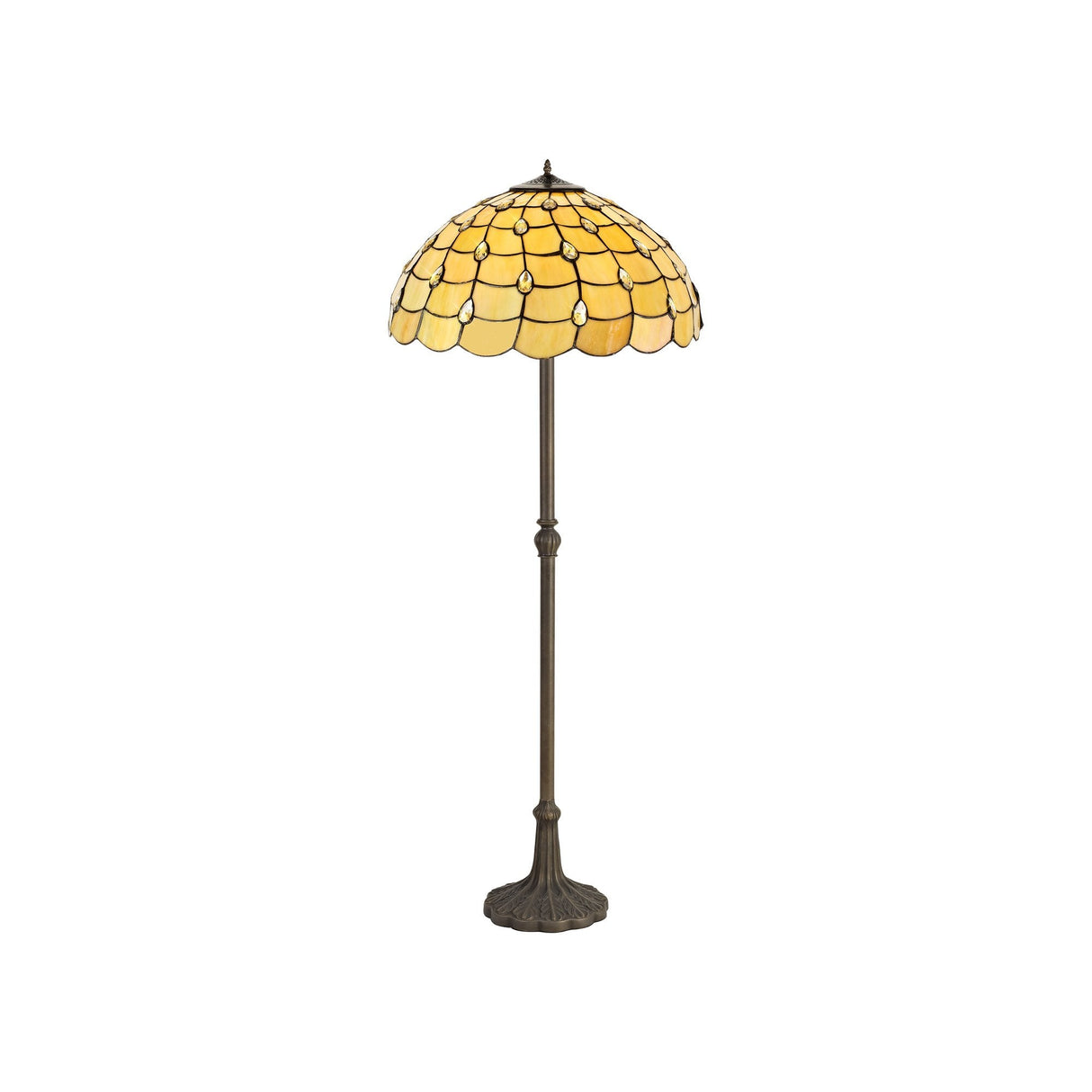 Elegant Two-Light Tiffany Floor Lamp with Leaf Design and 50cm Shade in Antique Brass and Crystal Accents