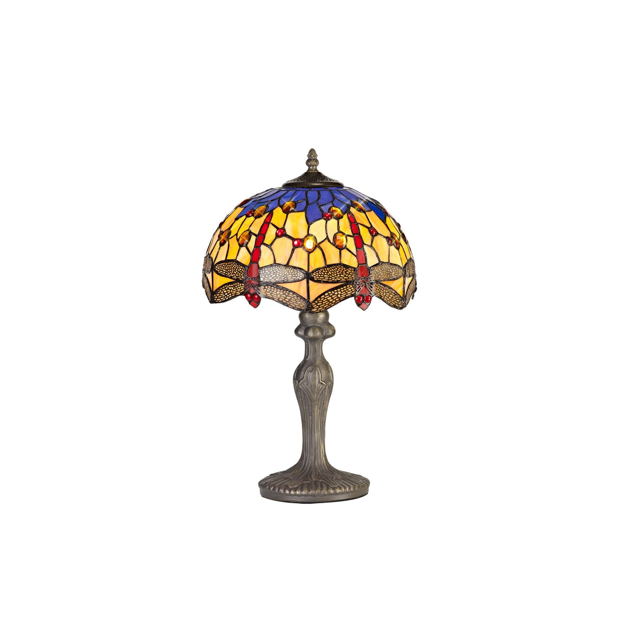 Vintage-Style Table Lamp with Handcrafted Tiffany Shade in Blue and Amber Antique Finish