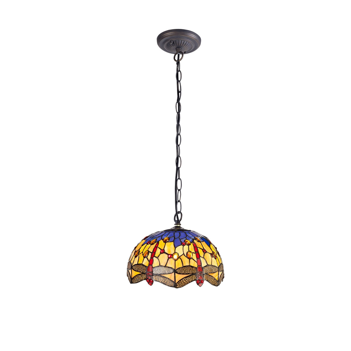 Elegant Tiffany Style Pendant Light with Blue and Orange Crystal Accents in Antique Brass Finish
