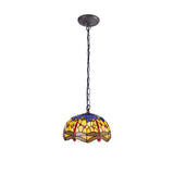 Elegant Tiffany Style Pendant Light with Blue and Orange Crystal Accents in Antique Brass Finish