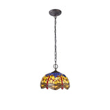 Artisan Dual-Light Pendant with 30cm Handcrafted Tiffany Shade in Blue, Orange, and Aged Antique Brass