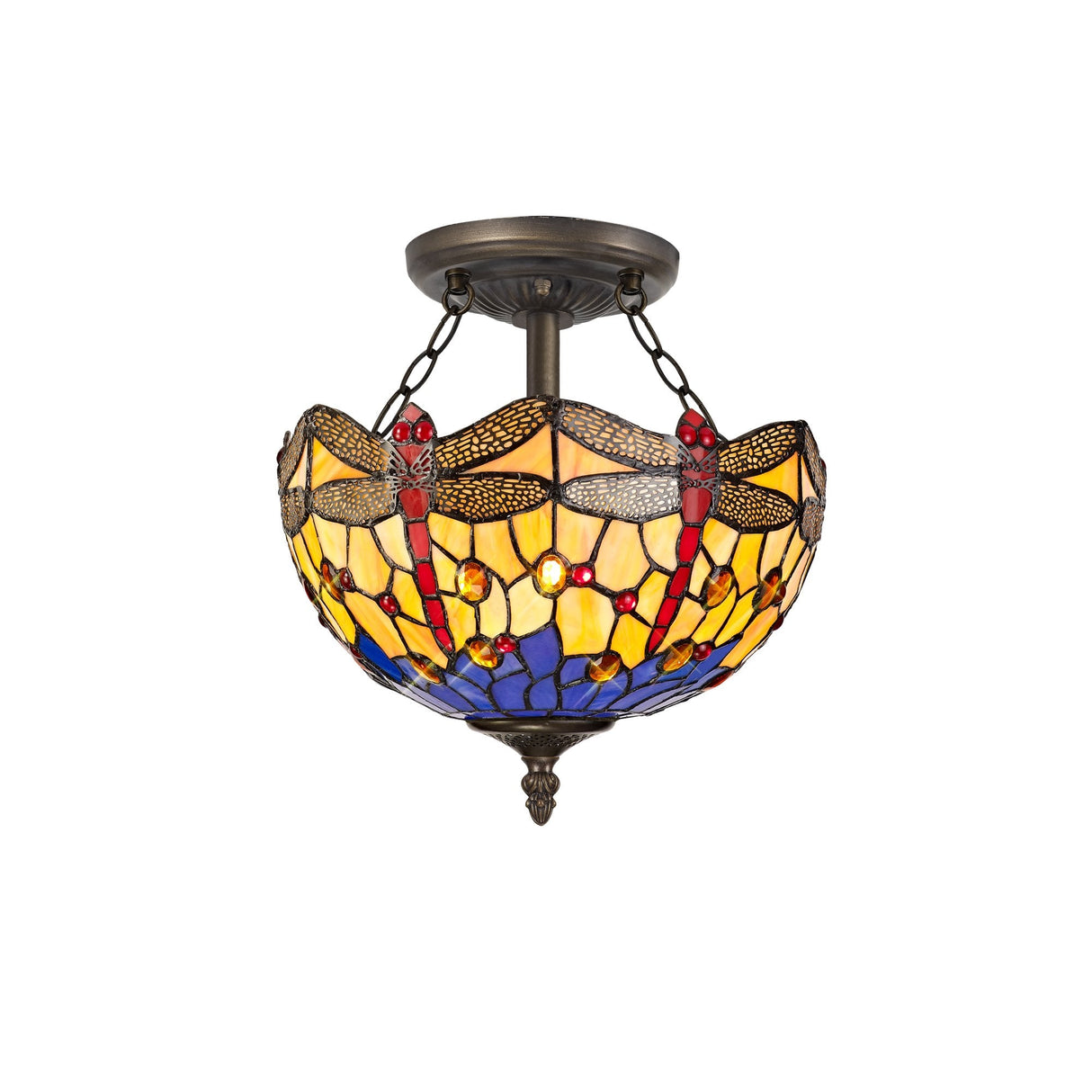 Elegant Dual-Light Semi-Flush Ceiling Fixture with 30cm Tiffany-Style Shade in Blue and Orange Crystal, Aged Antique Brass Finish