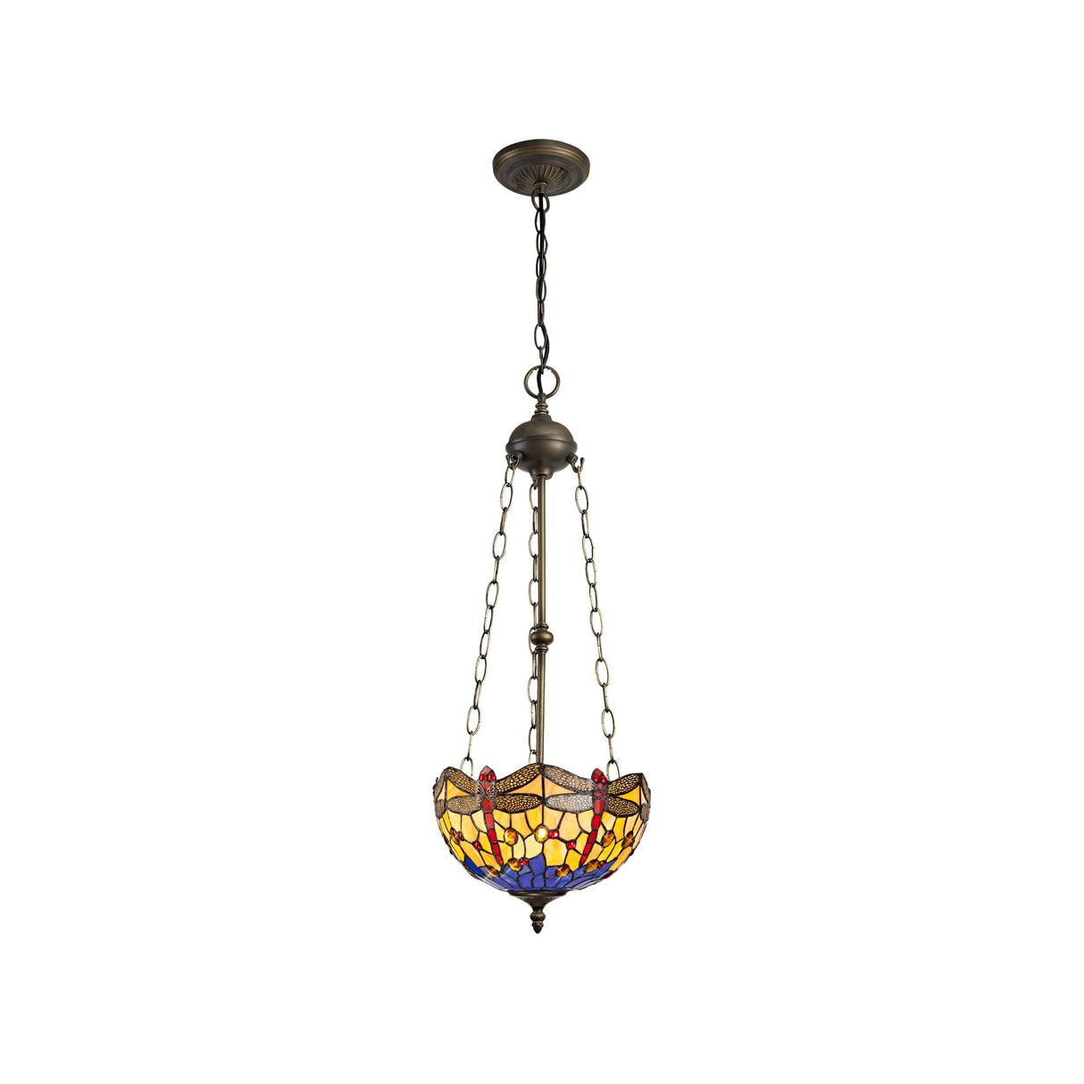 Elegant Tiffany-Style Tri-Light Pendant with Blue and Amber Crystals and Antique Brass Finish