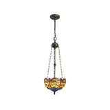 Elegant Tiffany-Style Tri-Light Pendant with Blue and Amber Crystals and Antique Brass Finish