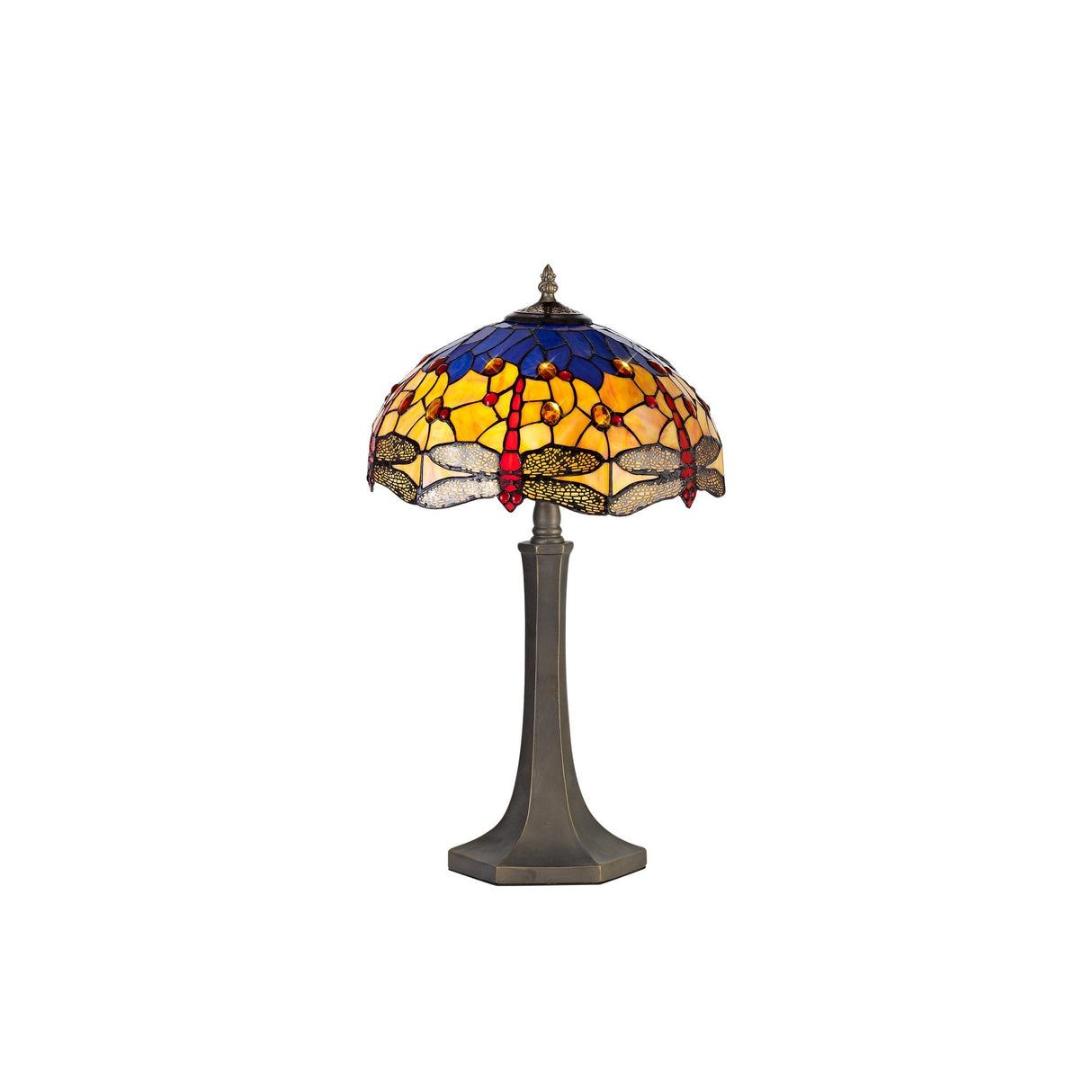 Elegant Octagonal Table Lamp with Blue and Orange Tiffany Shade, Aged Antique Brass Finish