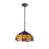 Elegant Blue & Orange Tiffany Pendant with Crystal Accents and Antique Brass Finish