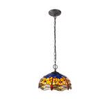 Art Nouveau Dual-Light Pendant with Tiffany Shade in Blue and Amber Tones