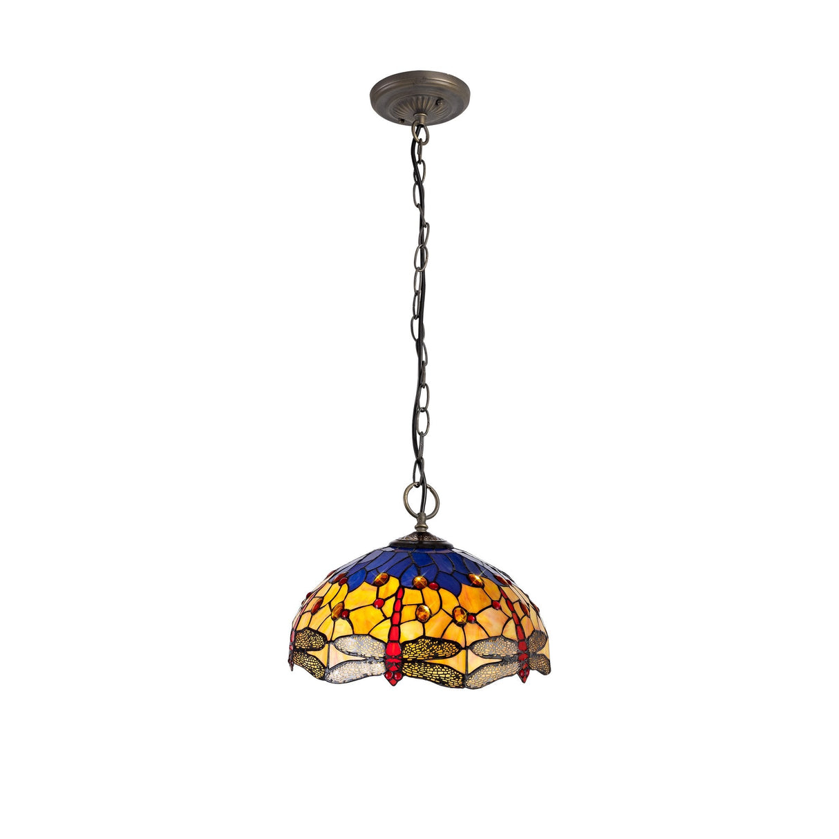 Elegant Triple Pendant Light with Handcrafted Tiffany Shade in Blue/Orange and Antique Brass Finish