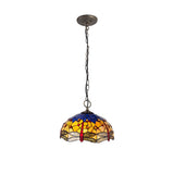 Elegant Triple Pendant Light with Handcrafted Tiffany Shade in Blue/Orange and Antique Brass Finish