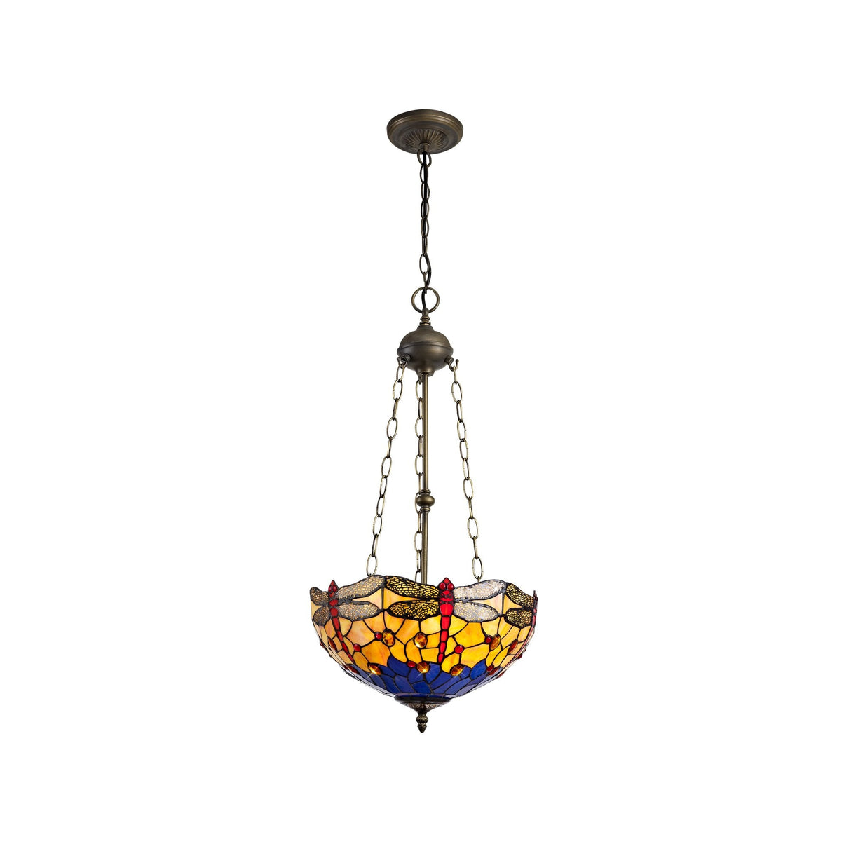 Elegant Triple Light Tiffany Pendant with Antique Brass and Amber Crystal Accents