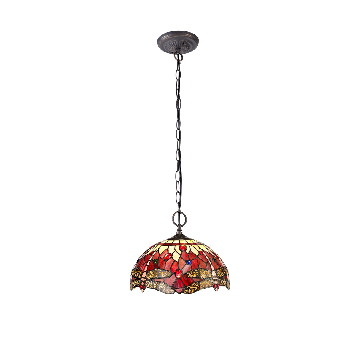 Tiffany Style 2-Light Pendant with Purple and Pink Crystal Accents in Aged Antique Brass Finish