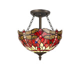 Vintage-Inspired 3-Light Semi-Flush Ceiling Fixture with Tiffany Shade in Purple and Pink