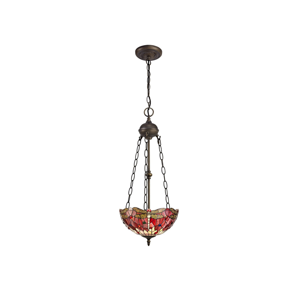 Elegant Tiffany Pendant Light with Dual Uplighting – Purple, Pink & Crystal, Antique Brass Finish
