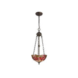 Elegant Tiffany Pendant Light with Dual Uplighting – Purple, Pink & Crystal, Antique Brass Finish