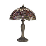 Elegant Dual Light Tiffany Table Lamp with Purple/Pink Crystal Accents and Antique Brass Finish