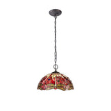Vintage Elegance: Dual Light Pendant with 40cm Tiffany Style Shade in Purple/Pink and Antique Brass Finish