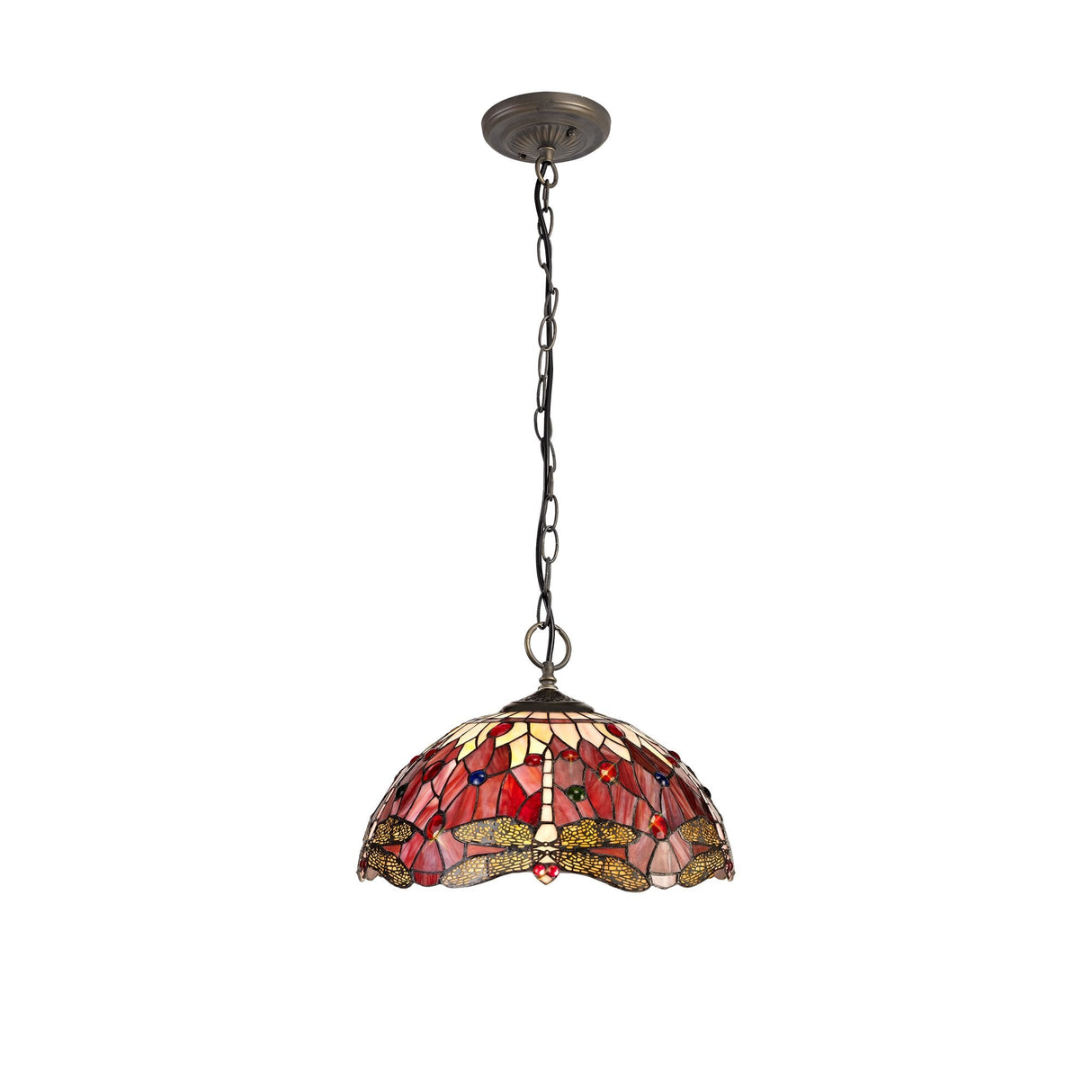 Elegant Antique Brass Pendant with Tiffany Shades and Crystal Accents