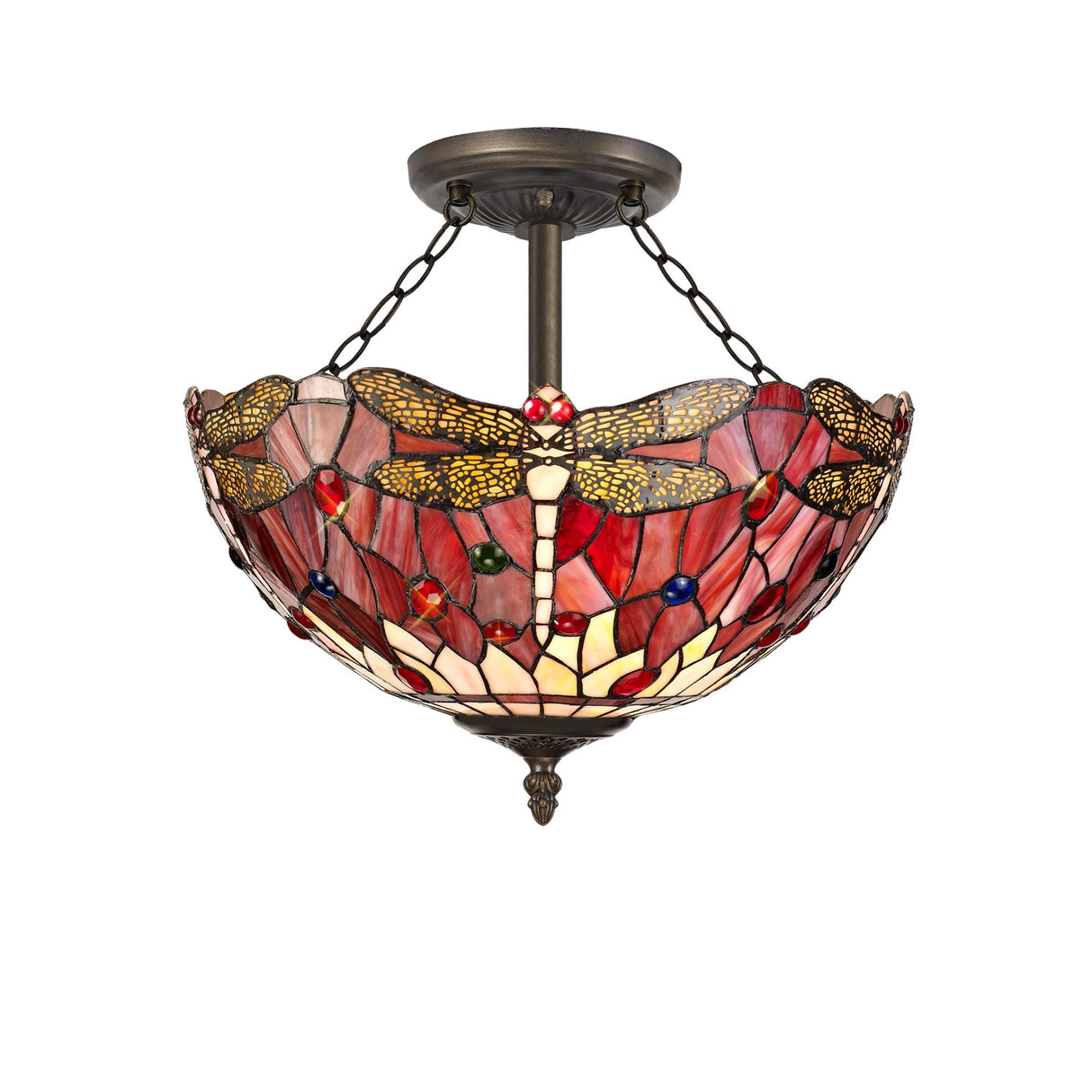 Elegant Triple-Light Semi-Flush Ceiling Fixture with 40cm Tiffany Shade in Purple/Pink and Aged Antique Brass Finish