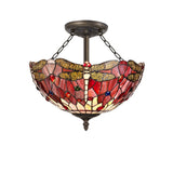 Elegant Triple-Light Semi-Flush Ceiling Fixture with 40cm Tiffany Shade in Purple/Pink and Aged Antique Brass Finish