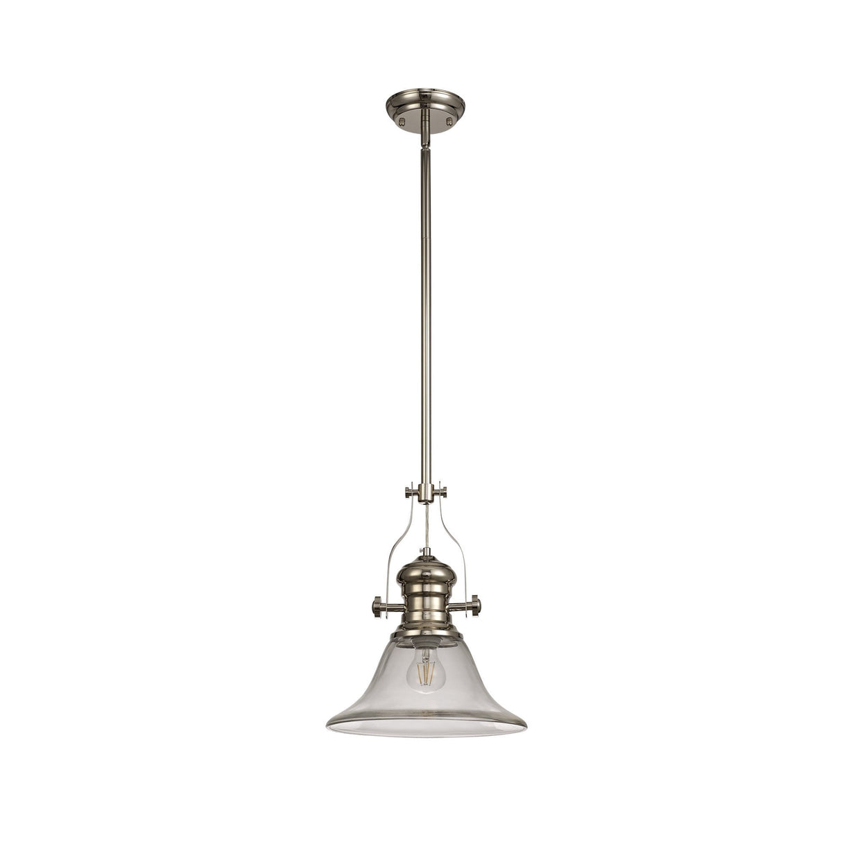 Sleek 1-Light Adjustable Pendant with 30cm Clear Bell Glass Shade, Polished Nickel Finish