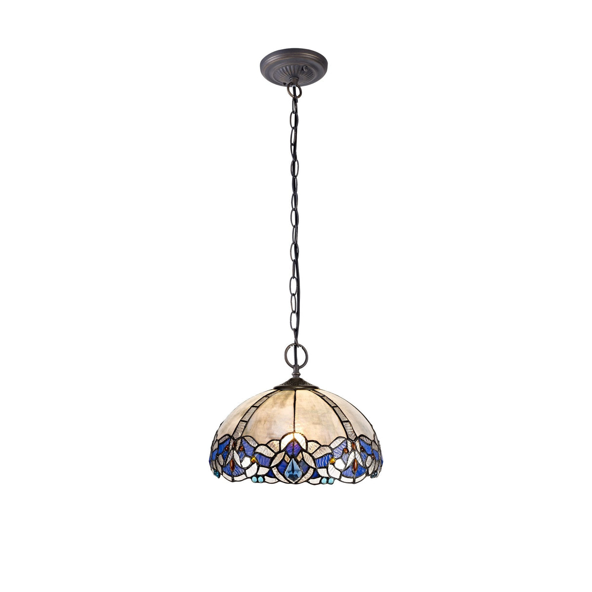 Elegant Dual Light Pendant with Tiffany Shade in Blue Crystal and Antique Brass Finish