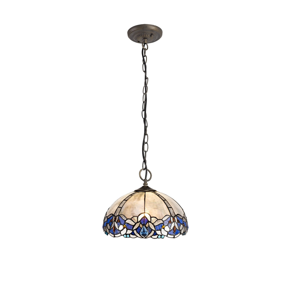 Elegant Antique Brass Tri-Light Pendant with Blue Tiffany Shade and Crystal Accents