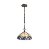 Elegant Antique Brass Tri-Light Pendant with Blue Tiffany Shade and Crystal Accents