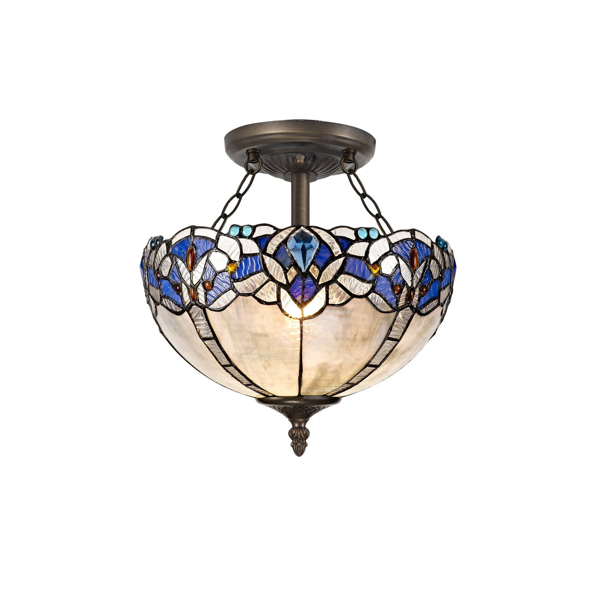 Dual-Light Semi-Flush Ceiling Fixture with Tiffany Shade and Antique Brass Finish
