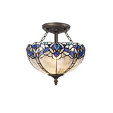 Dual-Light Semi-Flush Ceiling Fixture with Tiffany Shade and Antique Brass Finish