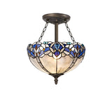 Tiffany Style 3-Light Semi-Flush Ceiling Fixture with Blue Crystal and Antique Brass Finish