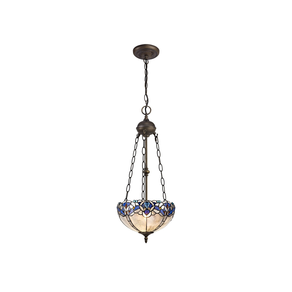Vintage Blue Stained Glass Pendant Light with Crystal Accents and Antique Brass Finish