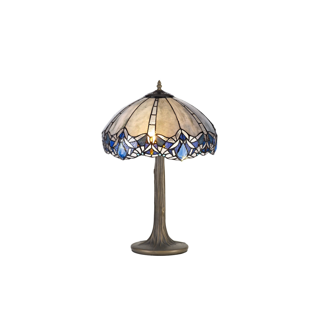 Elegant Dual Light Tree-Style Table Lamp with Tiffany Blue Crystal Shades and Antique Brass Finish