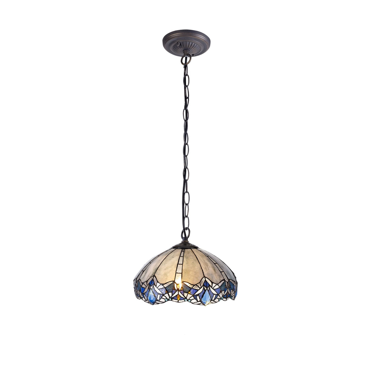 Vintage Tiffany Style Pendant Light with Blue Crystal and Aged Brass Finish, 40cm Shade
