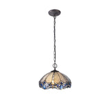 Tiffany Style Pendant with Dual Downlight and Antique Brass Finish, 40cm, Blue/Clear Crystal