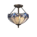 Artisanal 3-Light Tiffany Ceiling Fixture with Blue Crystal and Antique Brass Finish