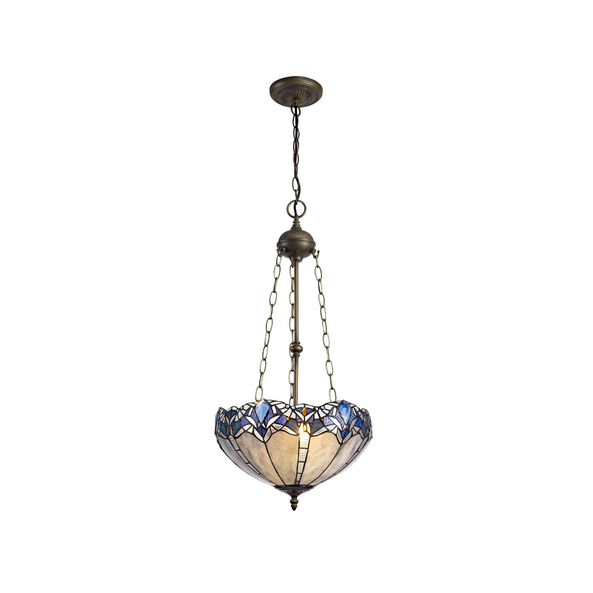 Vintage Tiffany Style 3-Light Uplighter Pendant with Blue & Clear K9 Crystal and Aged Antique Brass
