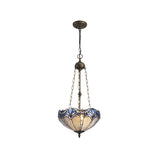 Vintage Tiffany Style 3-Light Uplighter Pendant with Blue & Clear K9 Crystal and Aged Antique Brass