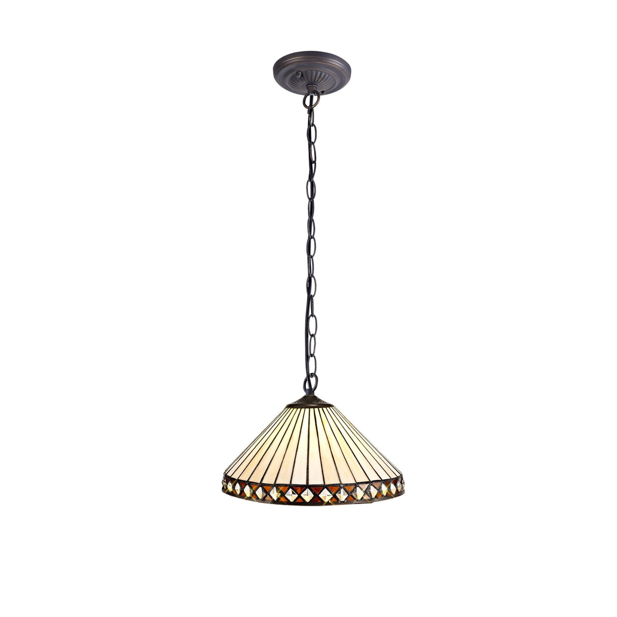 30cm Amber & Cream Tiffany Style Pendant Light with Aged Antique Brass Finish